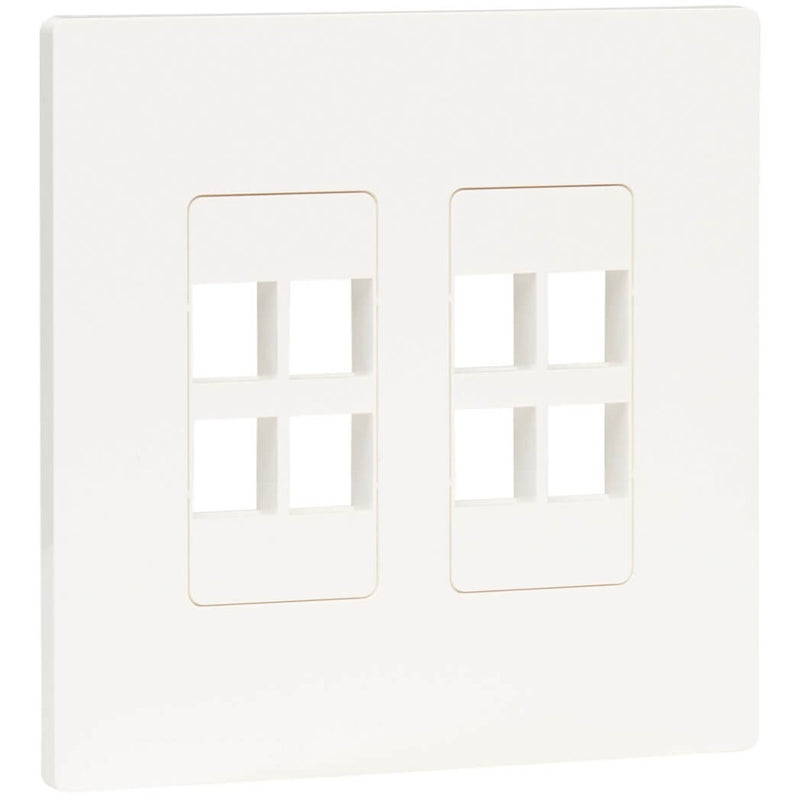 Front view of white double-gang keystone wall plate with eight port openings arranged in two columns