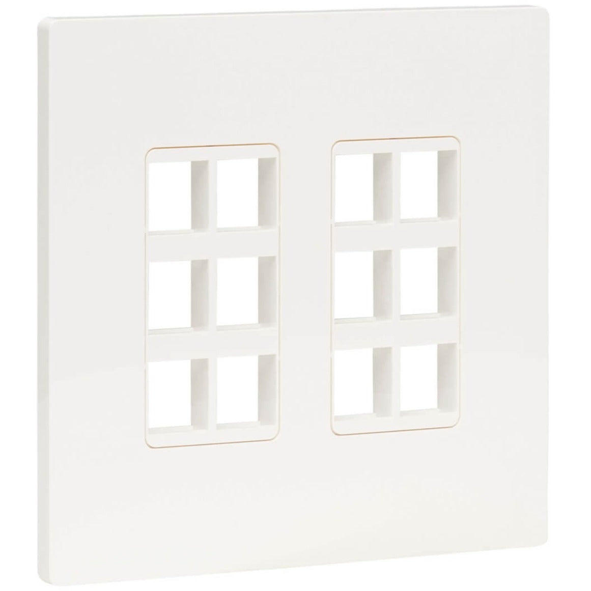 Front view of white double-gang wall plate with 12 keystone port openings arranged in two columns-alternate-image1