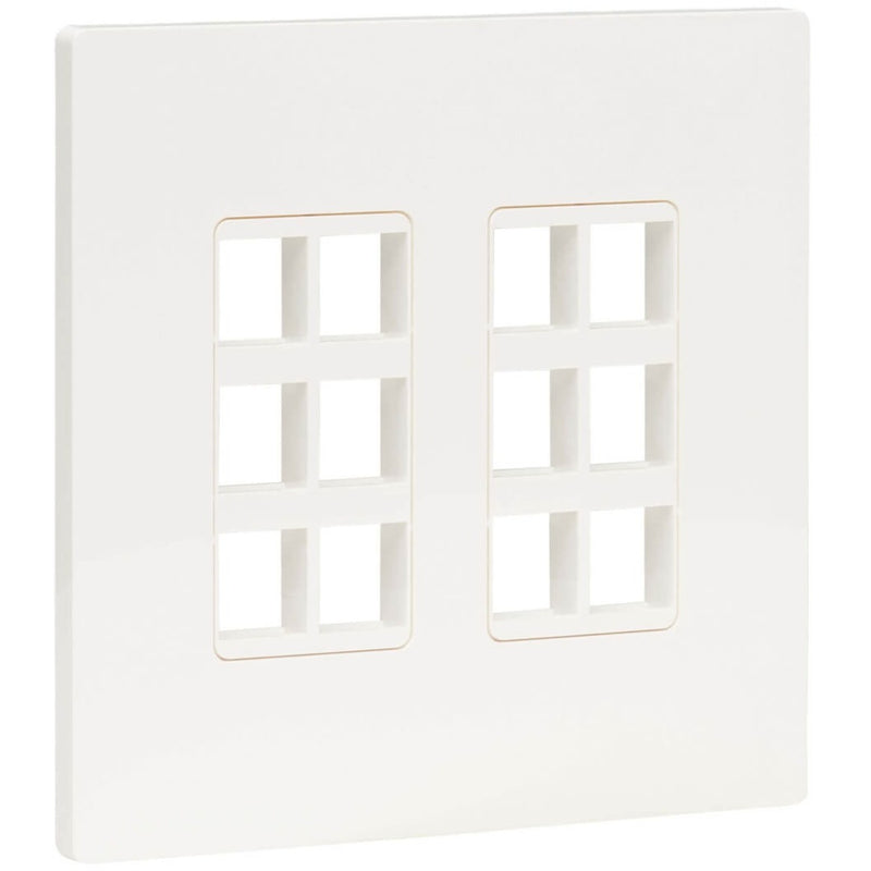 Front view of white double-gang wall plate with 12 keystone port openings arranged in two columns