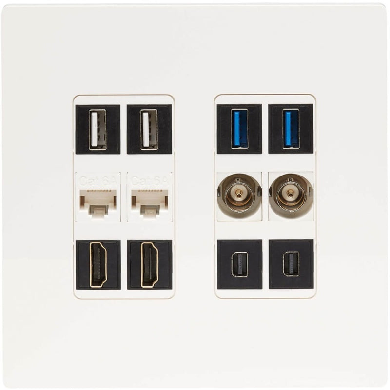 White wall plate populated with various connector types including USB, HDMI, network, and coaxial ports