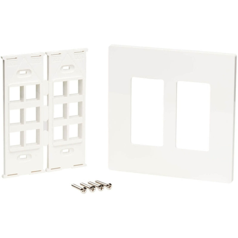 Complete wall plate kit showing faceplate components, mounting hardware, and installation screws