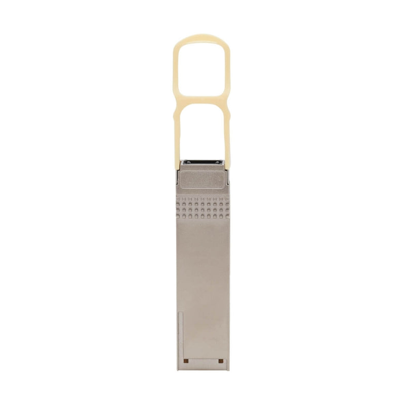 Full-length view of QSFP28 transceiver emphasizing the pull-tab mechanism