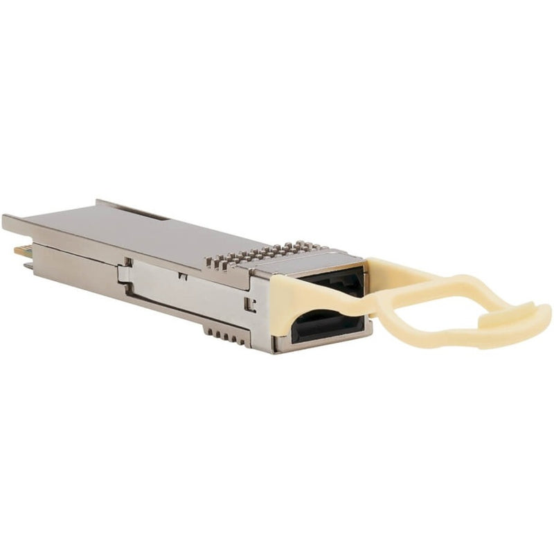 Side view of Tripp Lite QSFP28 transceiver module showing zinc housing and pull tab