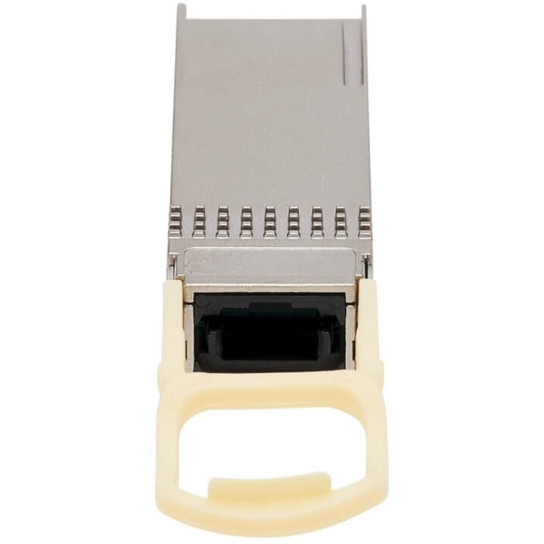 Close-up view of QSFP28 transceiver's optical interface port