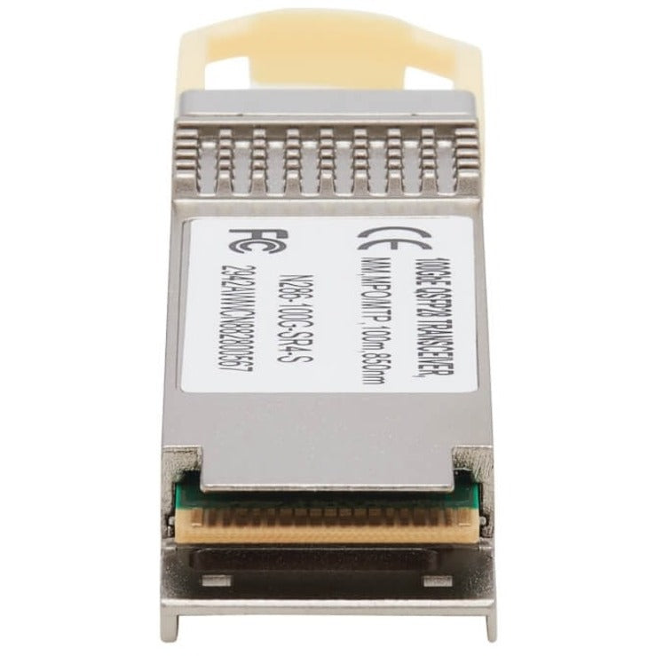 Detail view of QSFP28 transceiver showing product labels and specifications