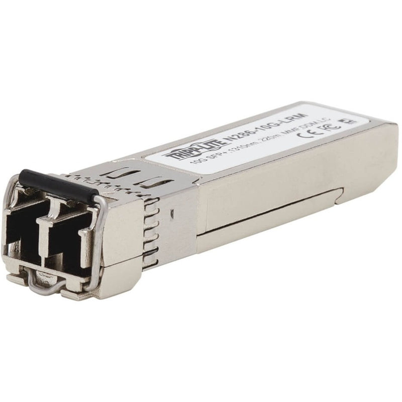 Front view of Tripp Lite N286-10G-LRM SFP+ transceiver module showing LC duplex connector interface