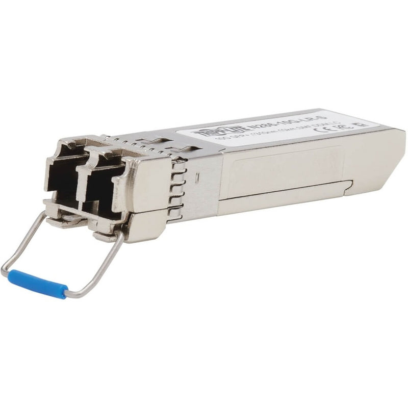 Angled view of N286-10G-LR-S SFP+ module highlighting the bail latch mechanism