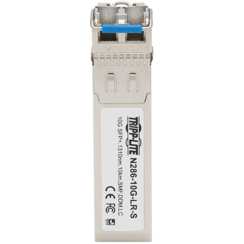 Side view of N286-10G-LR-S SFP+ showing product label and certifications