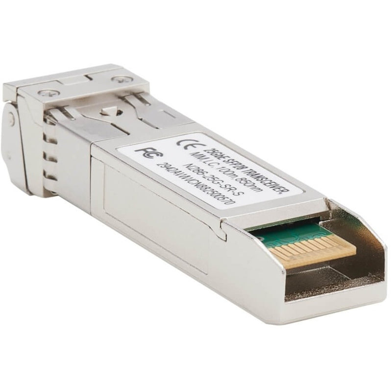 Side view of SFP28 transceiver showing product label and internal components