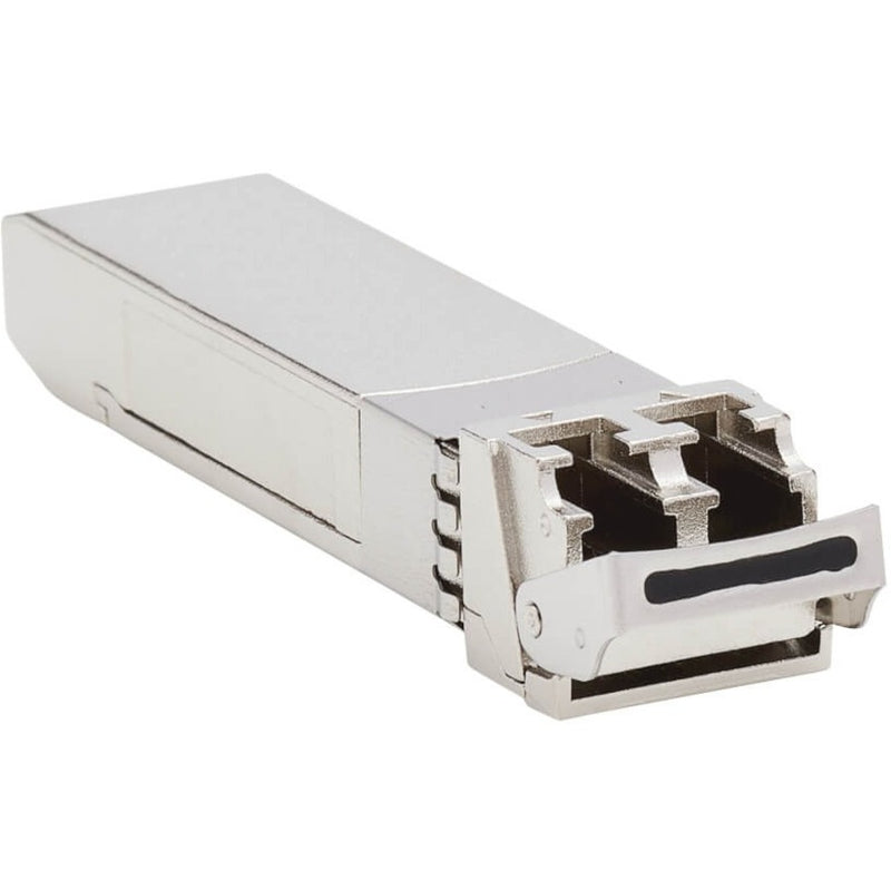 Angled view of SFP28 transceiver highlighting the push-pull tab mechanism