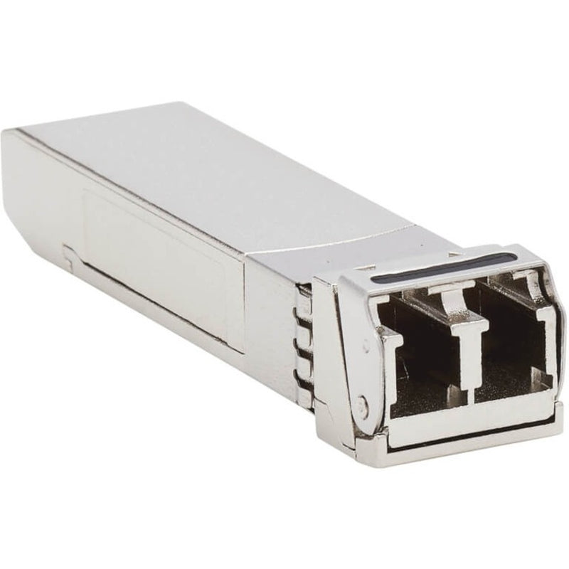 Close-up view of Tripp Lite SFP28 transceiver module showing LC duplex connector interface