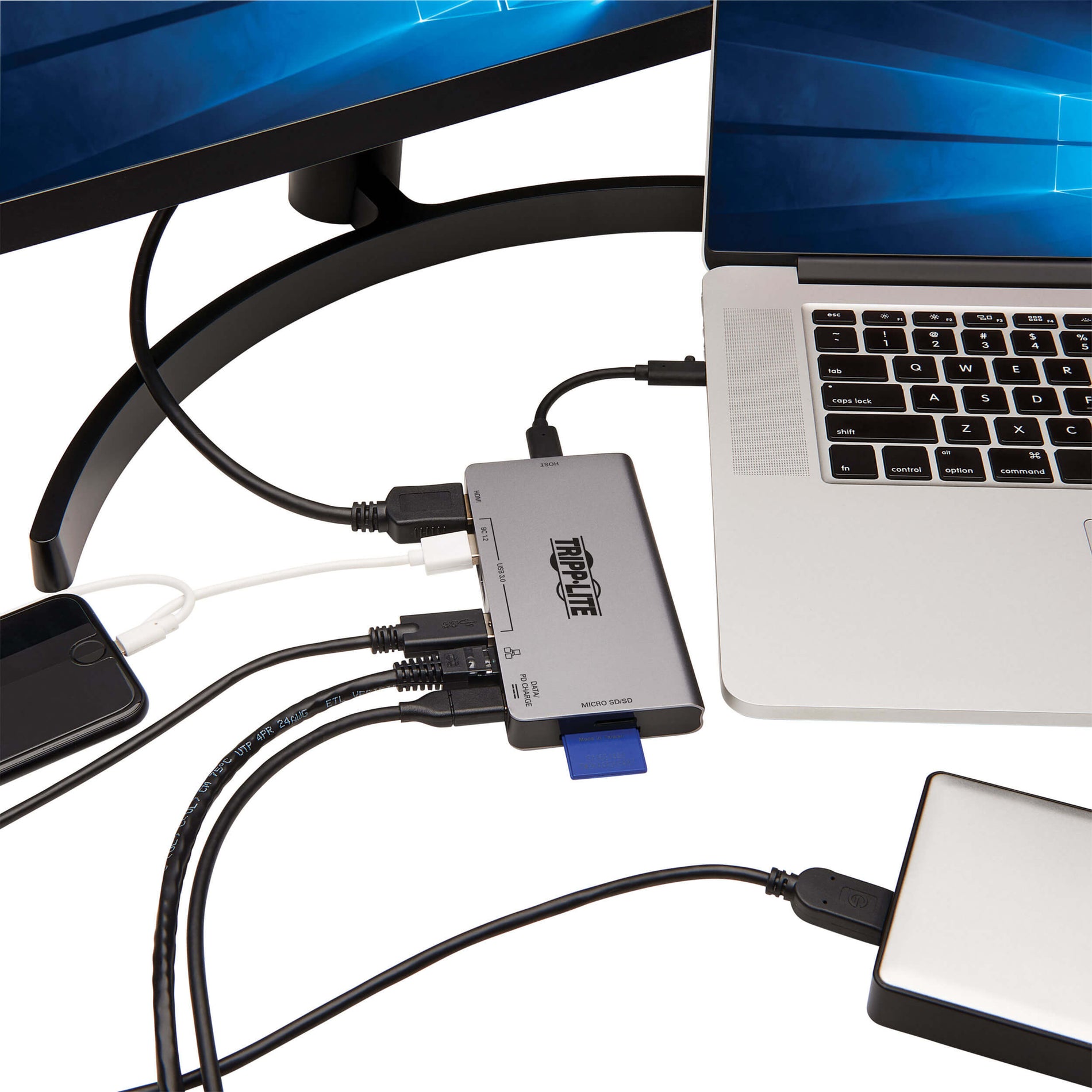 Tripp Lite docking station connected to laptop and multiple devices in use-alternate-image10