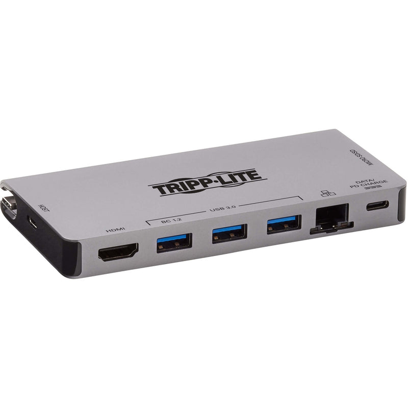 Angled view of Tripp Lite docking station showing all ports and sleek design