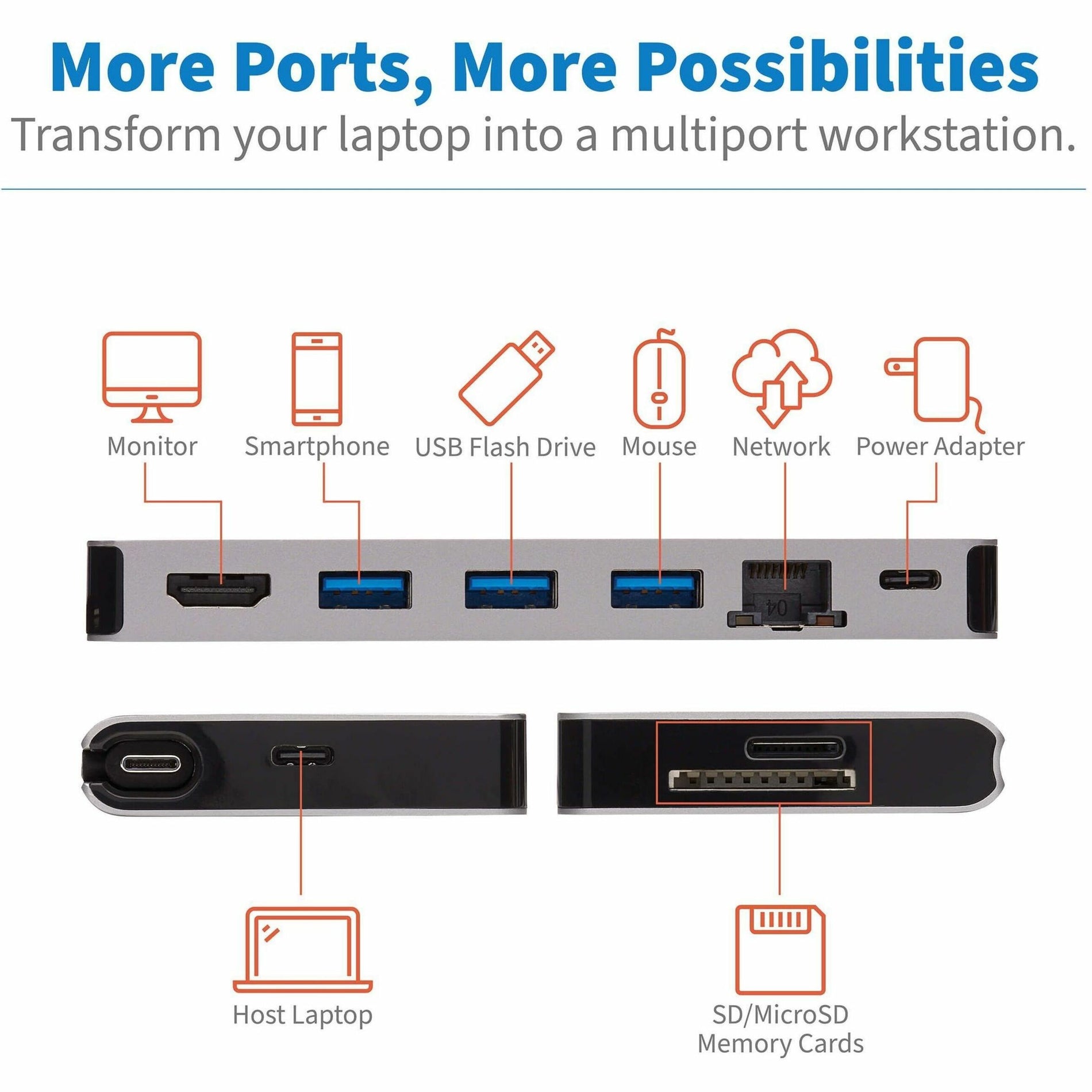 Tripp Lite U442-DOCK5D-GY 转接站，USB C 多端口 USB 集线器，HDMI，USB 3.0 端口，RJ-45，100W 电源供应 Tripp Lite Tripp Lite 转易宝