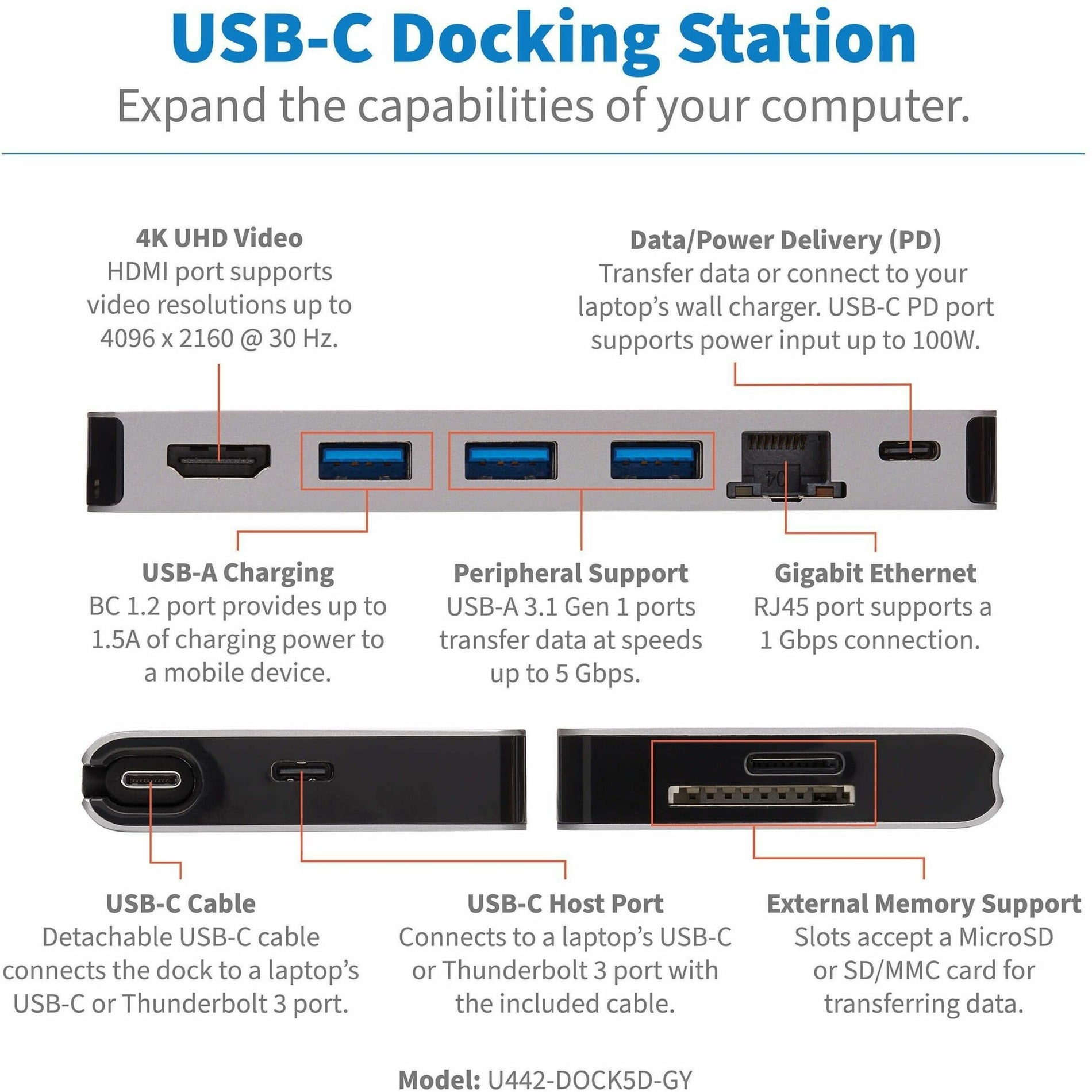 Station d'accueil Tripp Lite U442-DOCK5D-GY Hub multiport USB C HDMI Ports USB 3.0 RJ-45 Alimentation de 100W