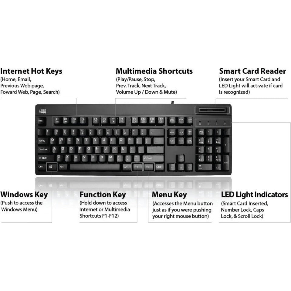 Adesso AKB-630SB-TAA EasyTouch 630SB-TAA Smart Card Reader Keyboard TAA Compliant