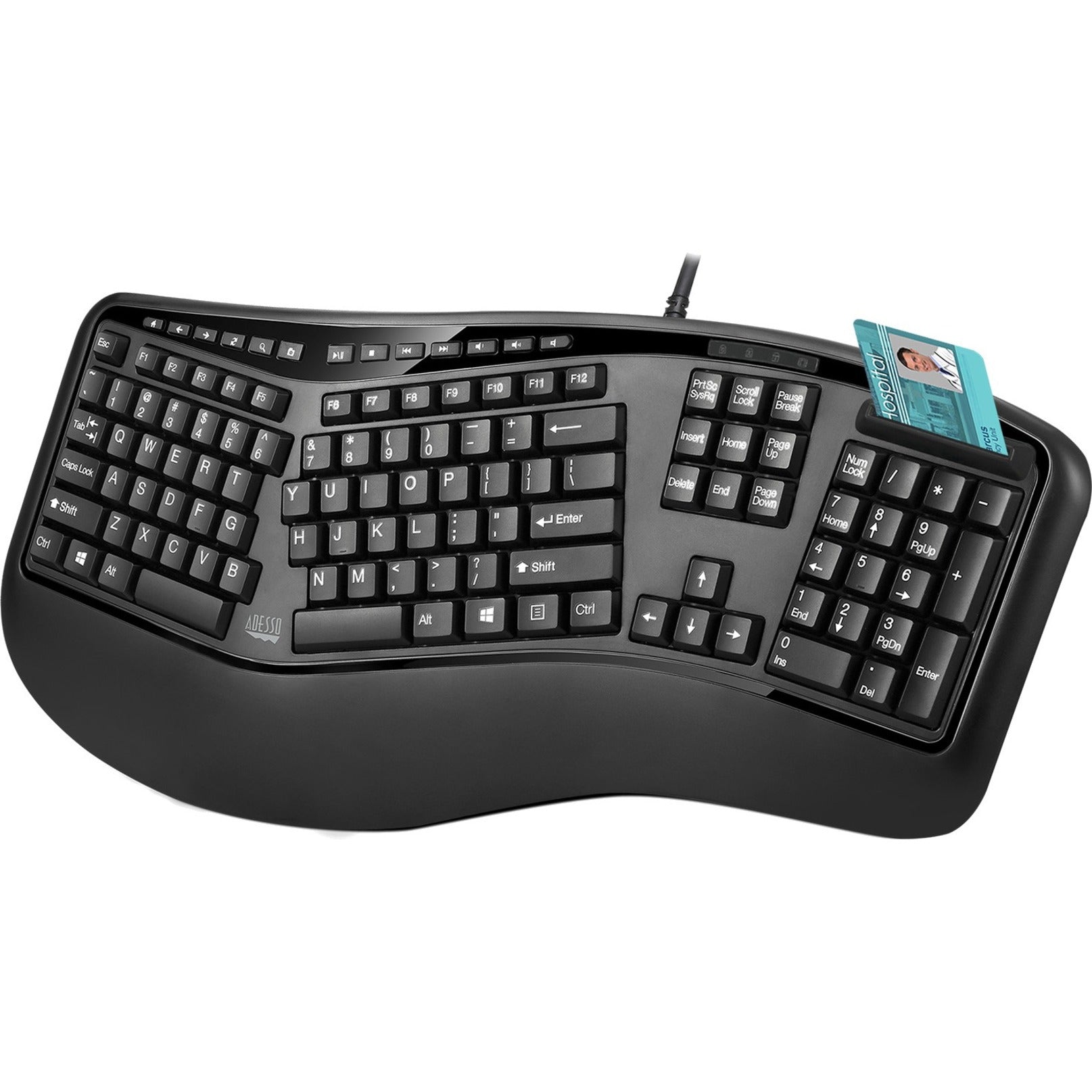 Adesso AKB-150SB-TAA Ergonomic SmartCardReader Keyboard, Split Layout, Quiet Keys, Palm Rest