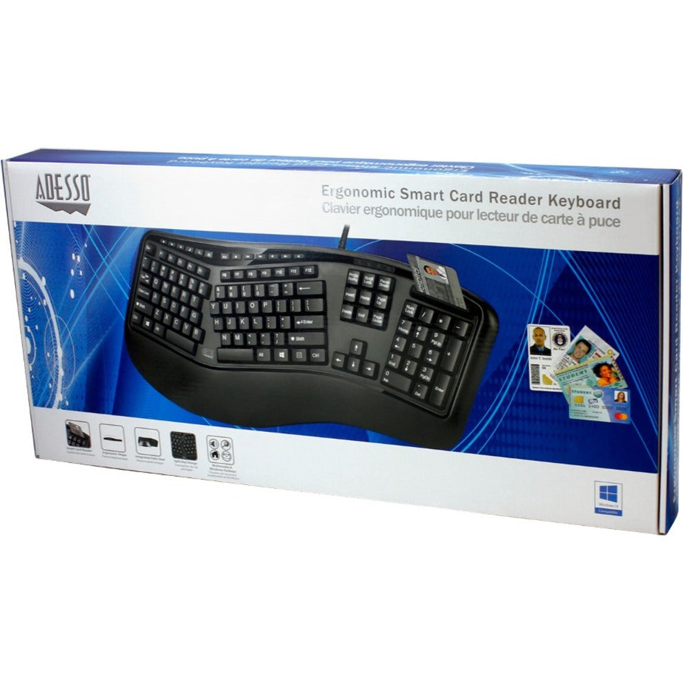 Adesso AKB-150SB-TAA Ergonomic SmartCardReader Keyboard, Split Layout, Quiet Keys, Palm Rest