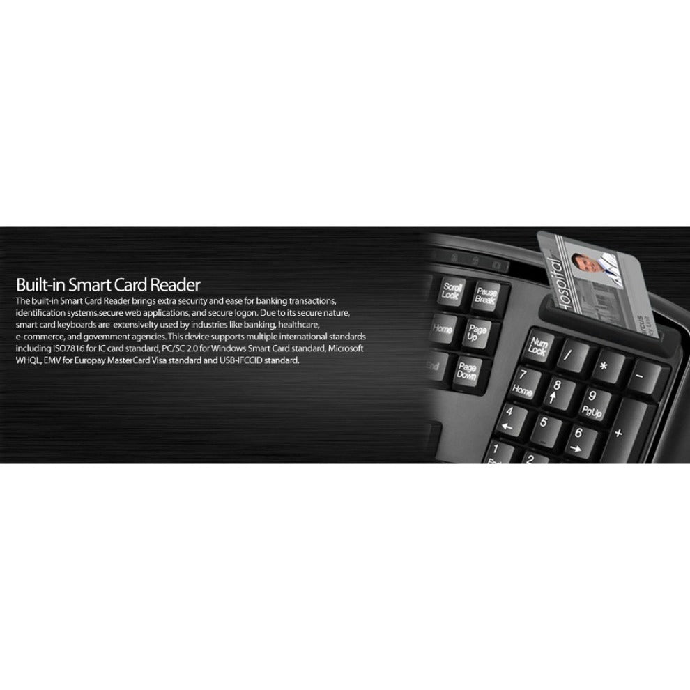 Adesso AKB-150SB-TAA Ergonomic SmartCardReader Keyboard, Split Layout, Quiet Keys, Palm Rest