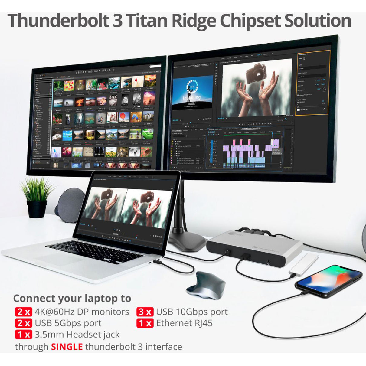 SIIG JU-DK0C11-S1 Estación de Acoplamiento de Video Dual DP 4K Thunderbolt 3 con PD - Titan Ridge Agrega Varios Puertos de Conectividad a Su Computadora