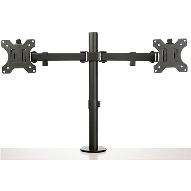 Front view of dual monitor mount showing balanced crossbar design