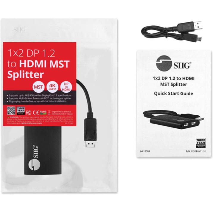 SIIG CE-DP0K11-S1 1x2 DP 1.2 to HDMI MST Splitter, 4K Video Resolution, 3 Year Warranty