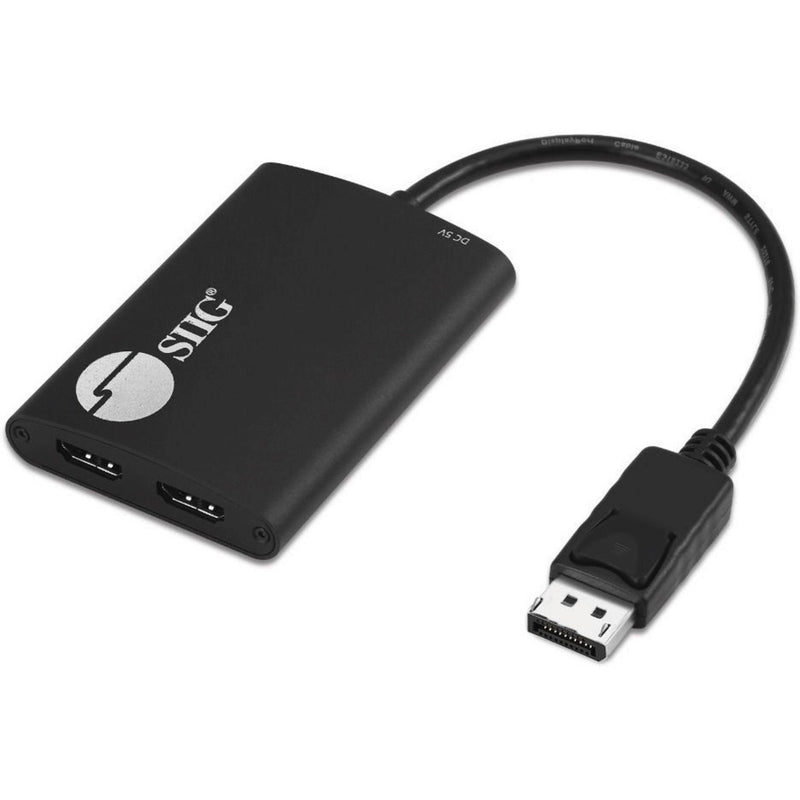 SIIG DisplayPort to dual HDMI MST splitter showing main unit with two HDMI ports and DisplayPort cable