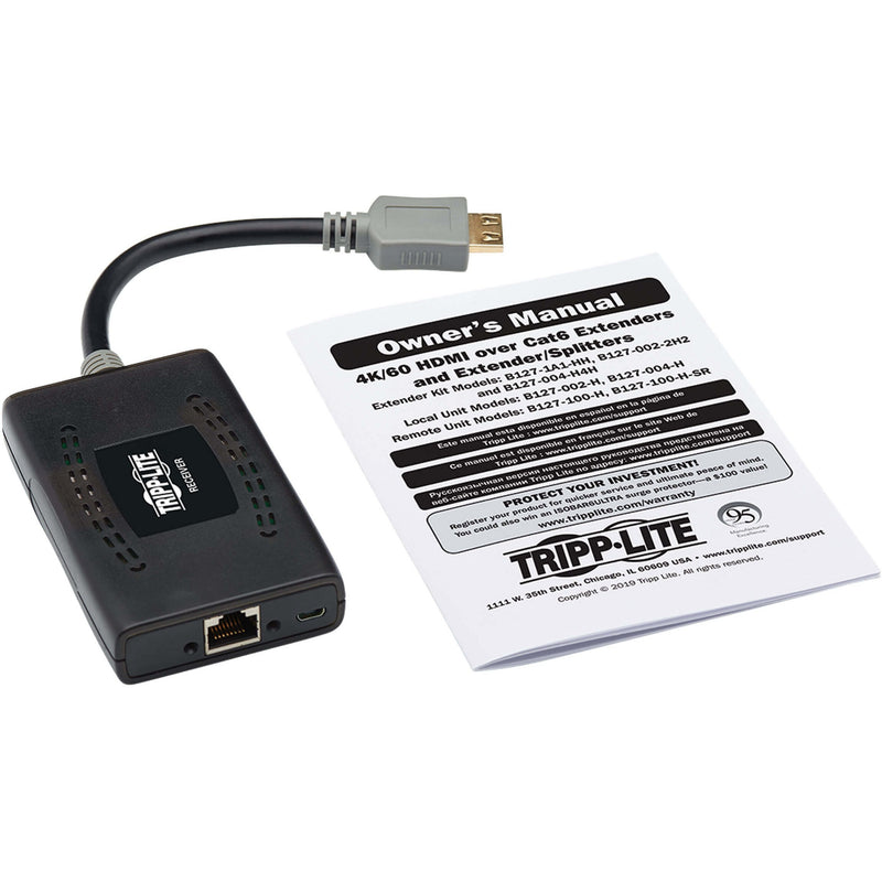 Tripp Lite HDMI receiver unit shown with included owner's manual