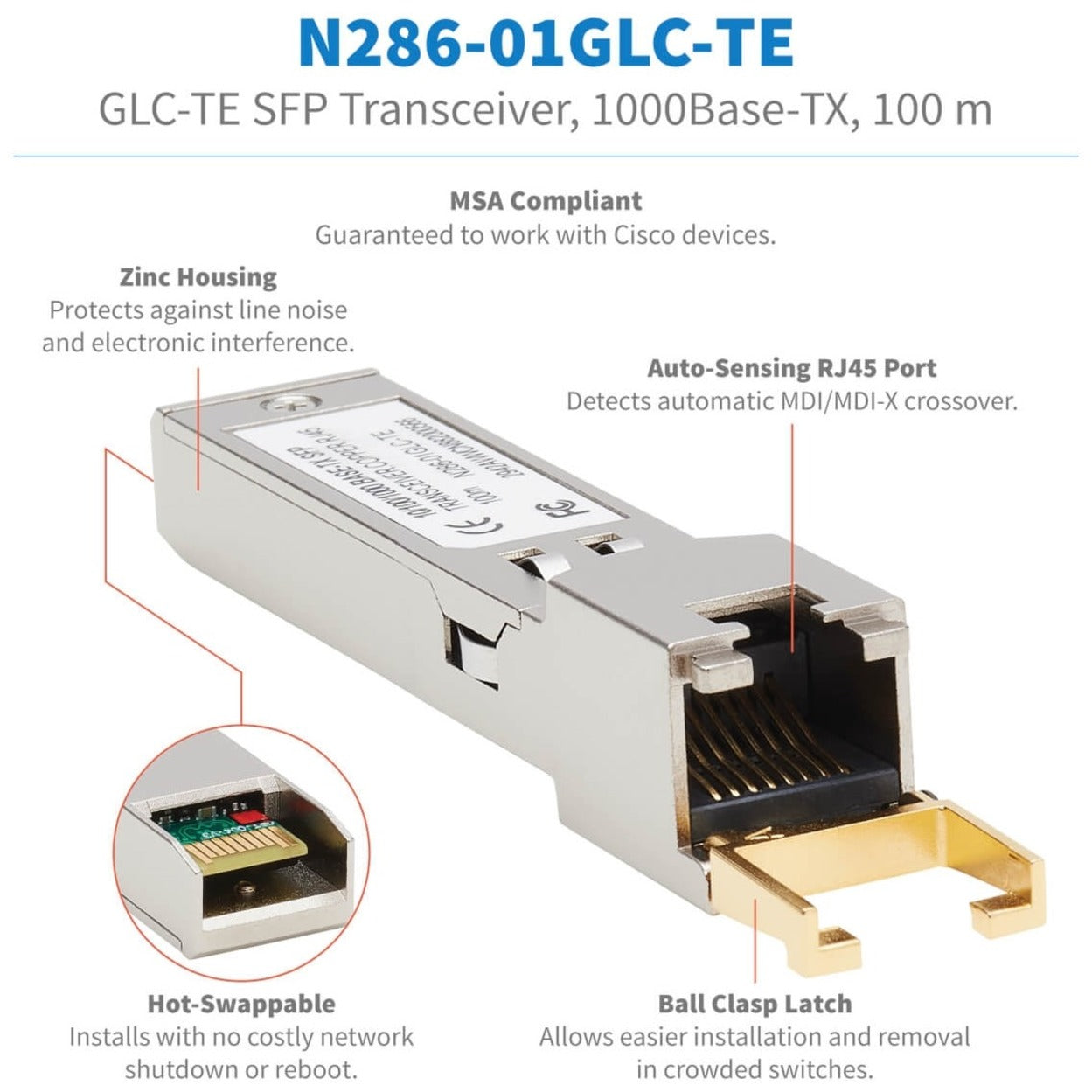 Tripp Lite N286-01GLC-TE Cisco SFP (mini-GBIC) Module 1000Base-TX Gigabit Ethernet Twisted Pair Hot-swappable   トリップライト N286-01GLC-TE シスコ SFP（mini-GBIC）モジュール、1000ベースTX、ギガビットイーサネット、ツイストペア、ホットスワップ