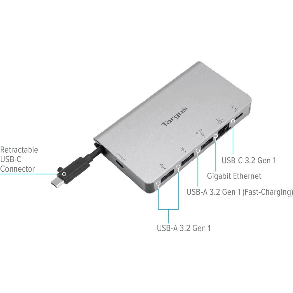 Targus ACA951USZ อะแดปเตอร์ USB-C อีเธอร์เน็ตพร้อมพอร์ต USB-A 3 พอร์ตและพอร์ต USB-C 1 พอร์ต การ์ดอีเธอร์เน็ต Gigabit สีเงิน