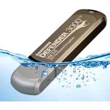 Kanguru Defender 3000 encrypted flash drive shown submerged in water demonstrating waterproof capabilities