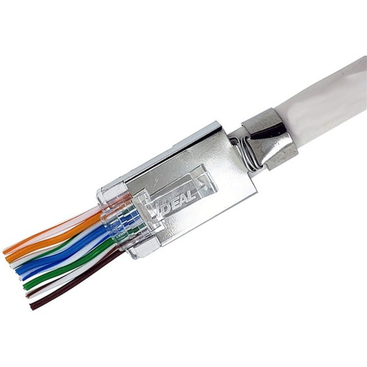 Side view of IDEAL Cat6A connector showing feed-through design and wire arrangement