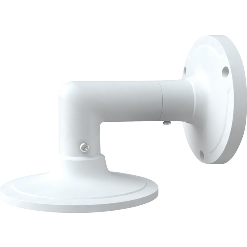 White L-shaped wall mount bracket for Speco network cameras featuring sturdy mounting plate and adjustable positioning arm