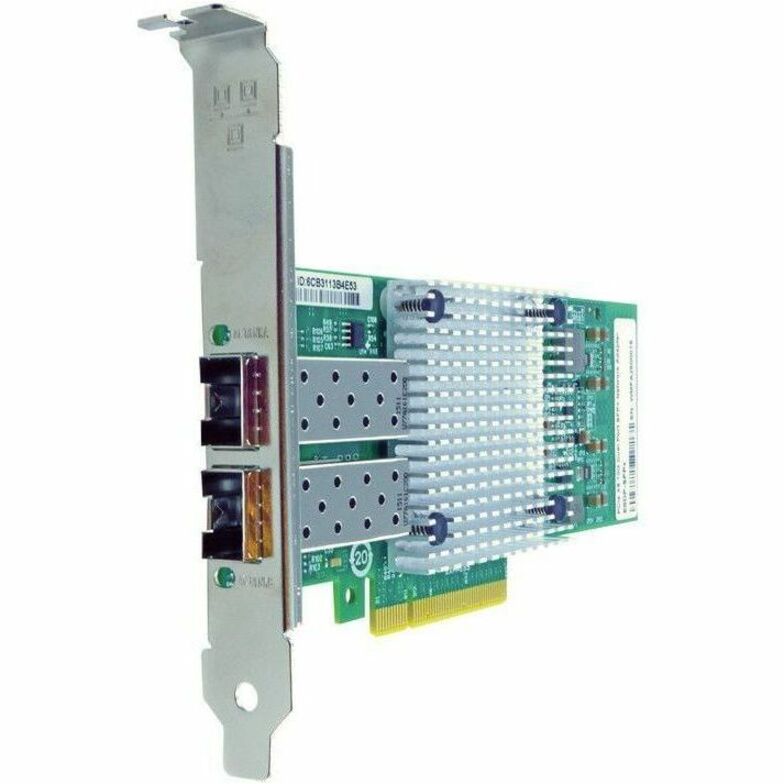 Axiom PCIe 3.0 x8 10Gbs Fiber Network Adapter showing dual SFP+ ports, silver bracket, and green PCB with heatsink-alternate-image1