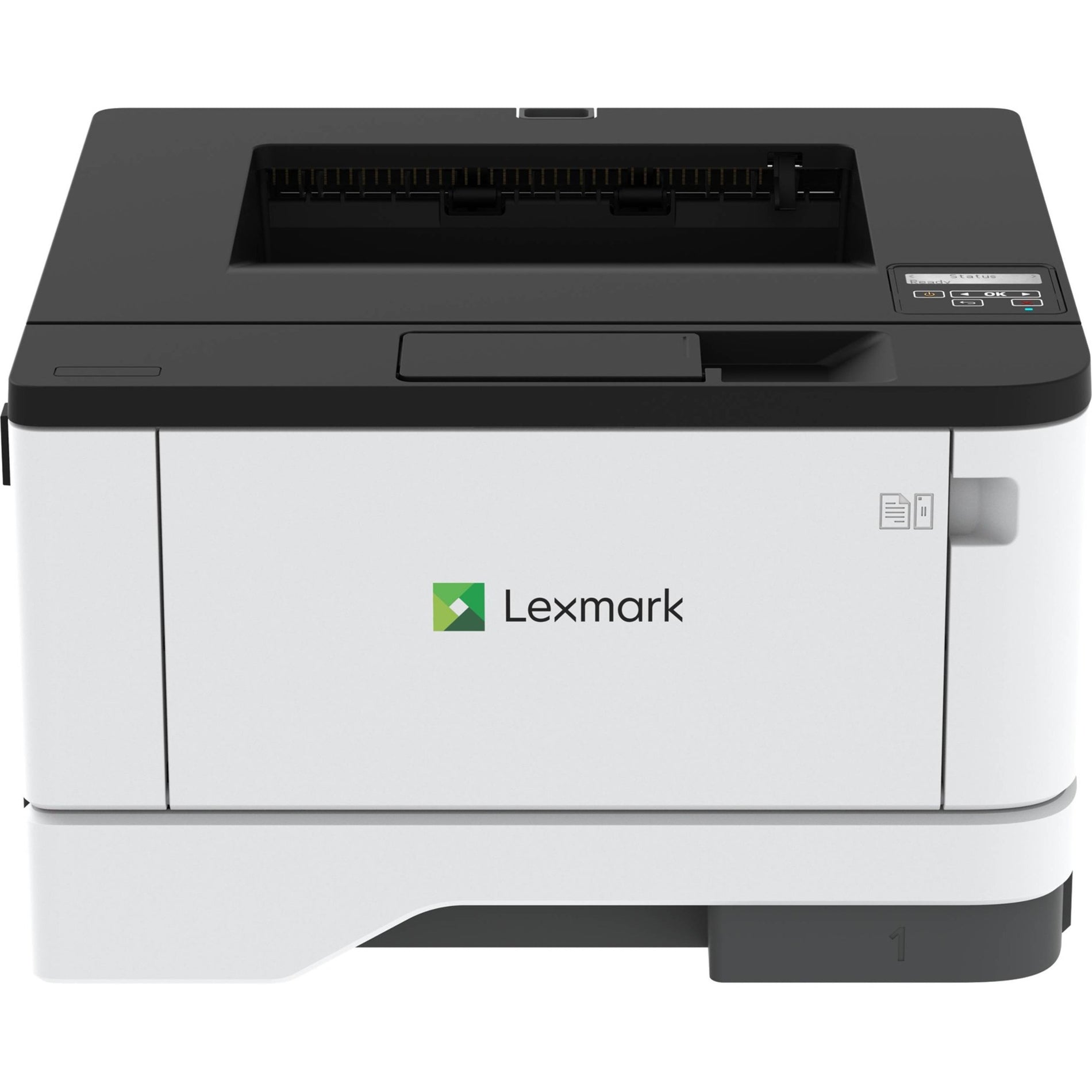 Front view of Lexmark MS431DN monochrome laser printer showing two-tone black and white design with control panel-alternate-image1