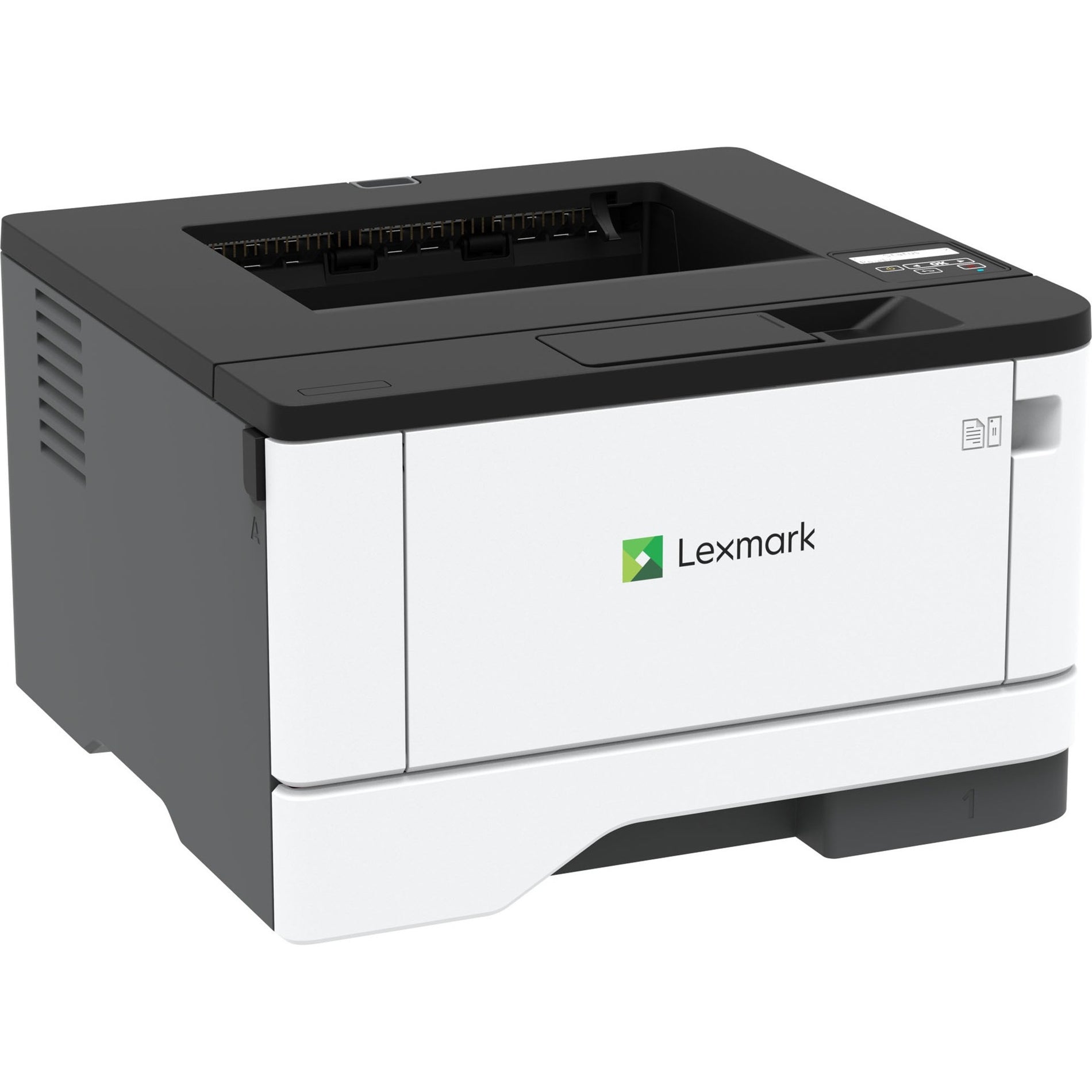 Three-quarter view of Lexmark MS431DN printer highlighting paper handling system and duplex unit-alternate-image2