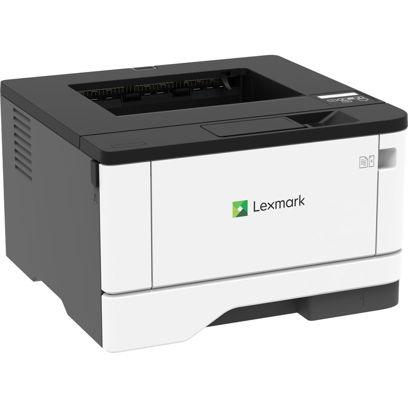 Front-angled view of Lexmark MS431DW monochrome laser printer showing black and white design with paper tray