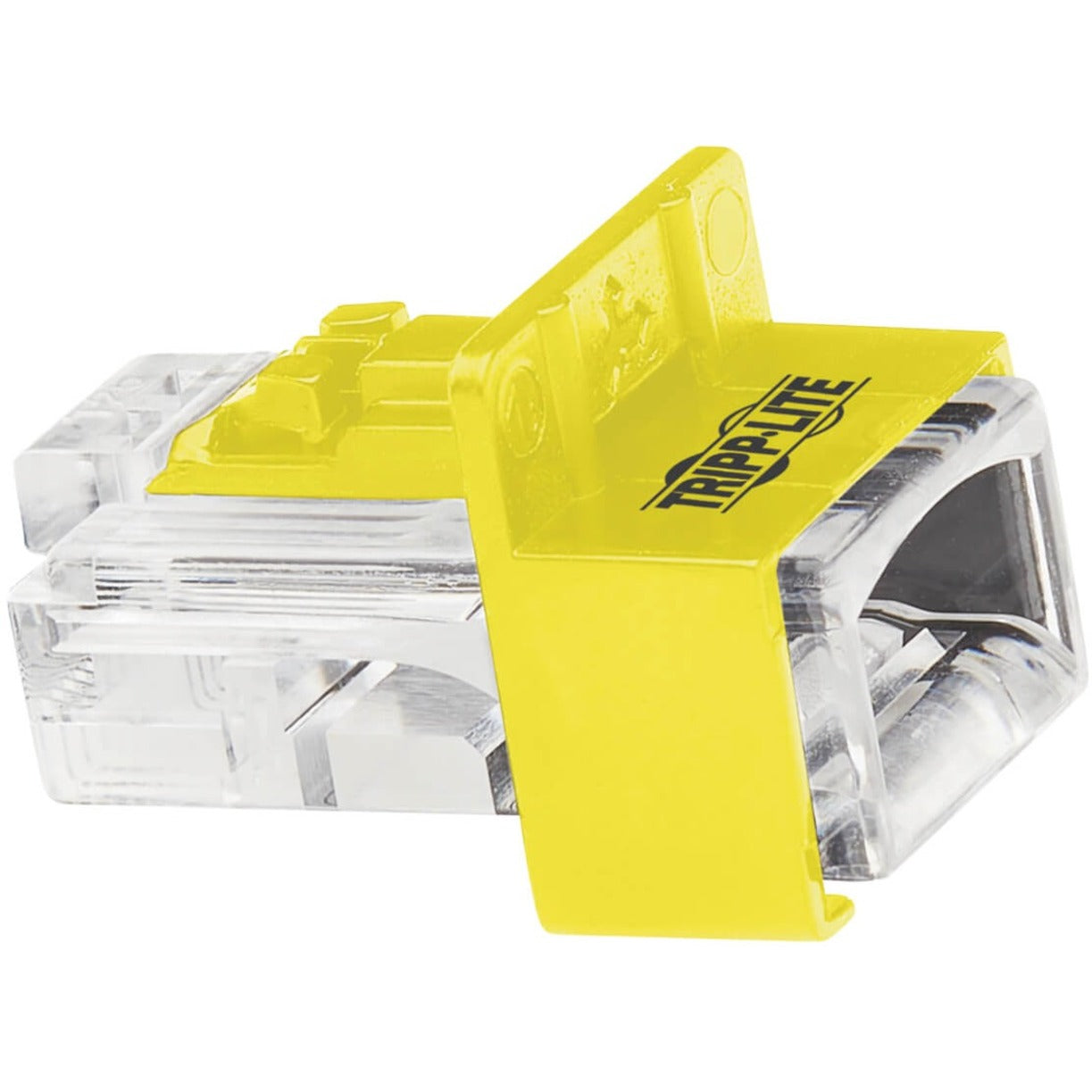 Close-up of yellow RJ45 port locking insert with transparent core and Tripp Lite branding-alternate-image1