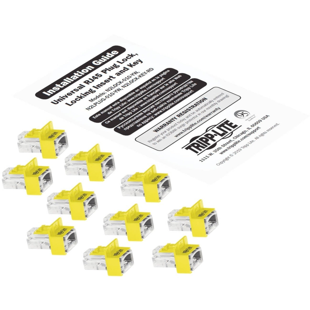 Set of 10 yellow RJ45 port locking inserts with installation guide documentation-alternate-image2