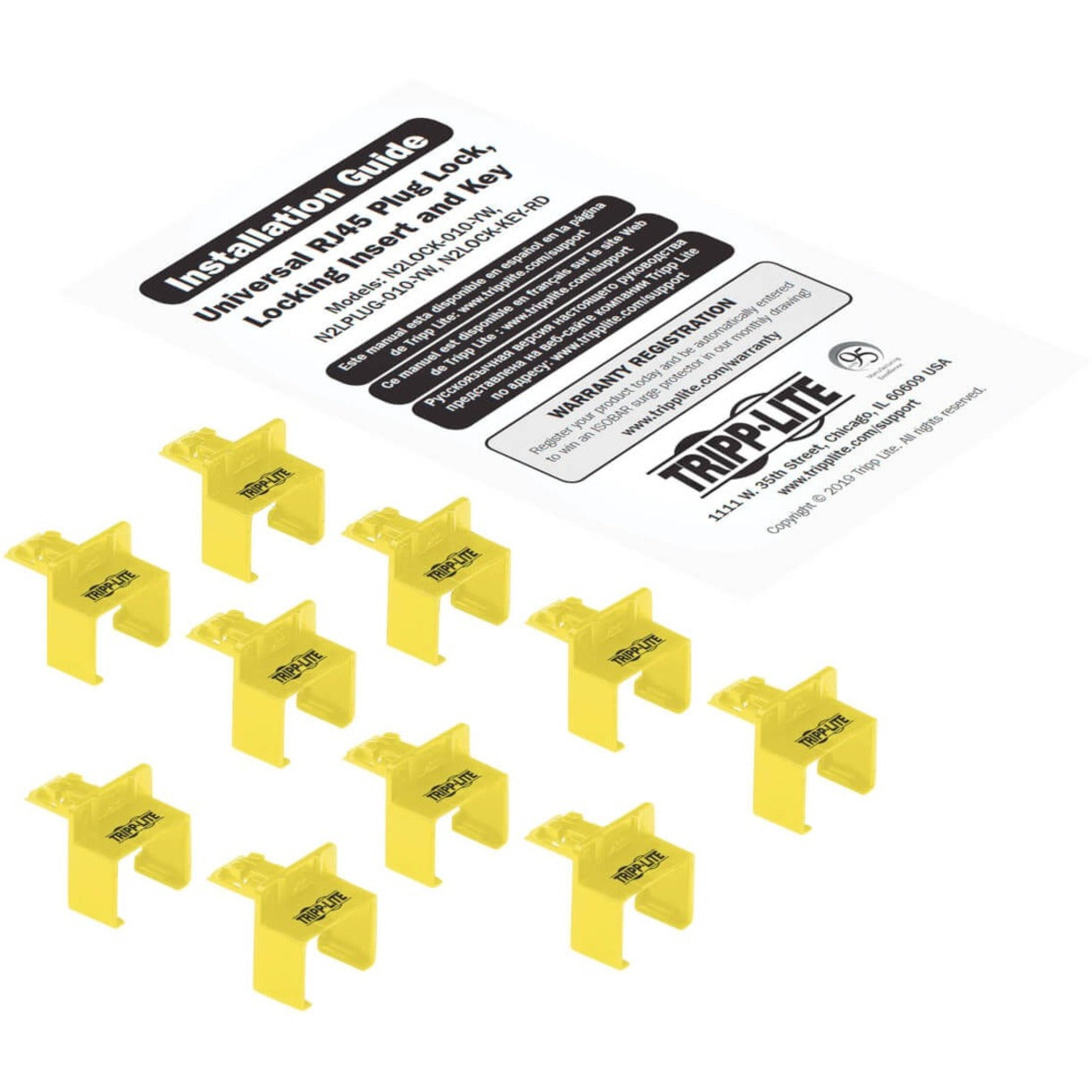 Multiple yellow RJ45 port locking inserts arranged with installation guide-alternate-image5