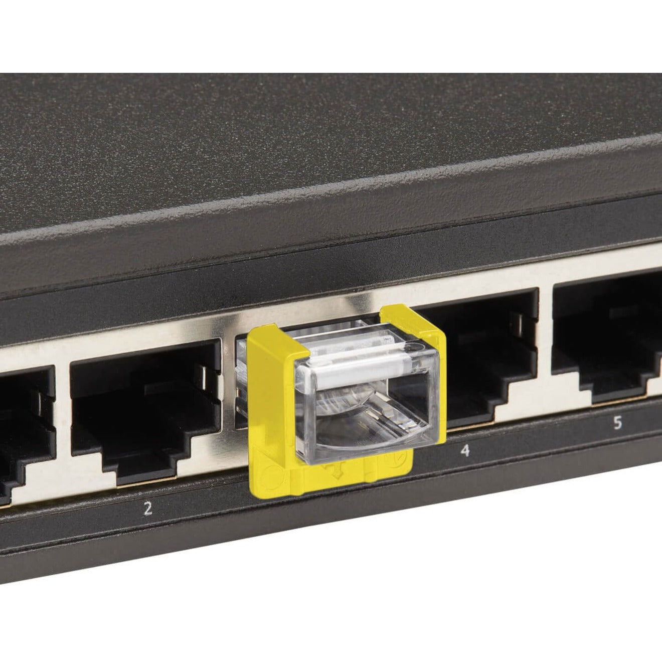 Close-up of yellow RJ45 port locking insert installed in network switch showing fit and integration-alternate-image7