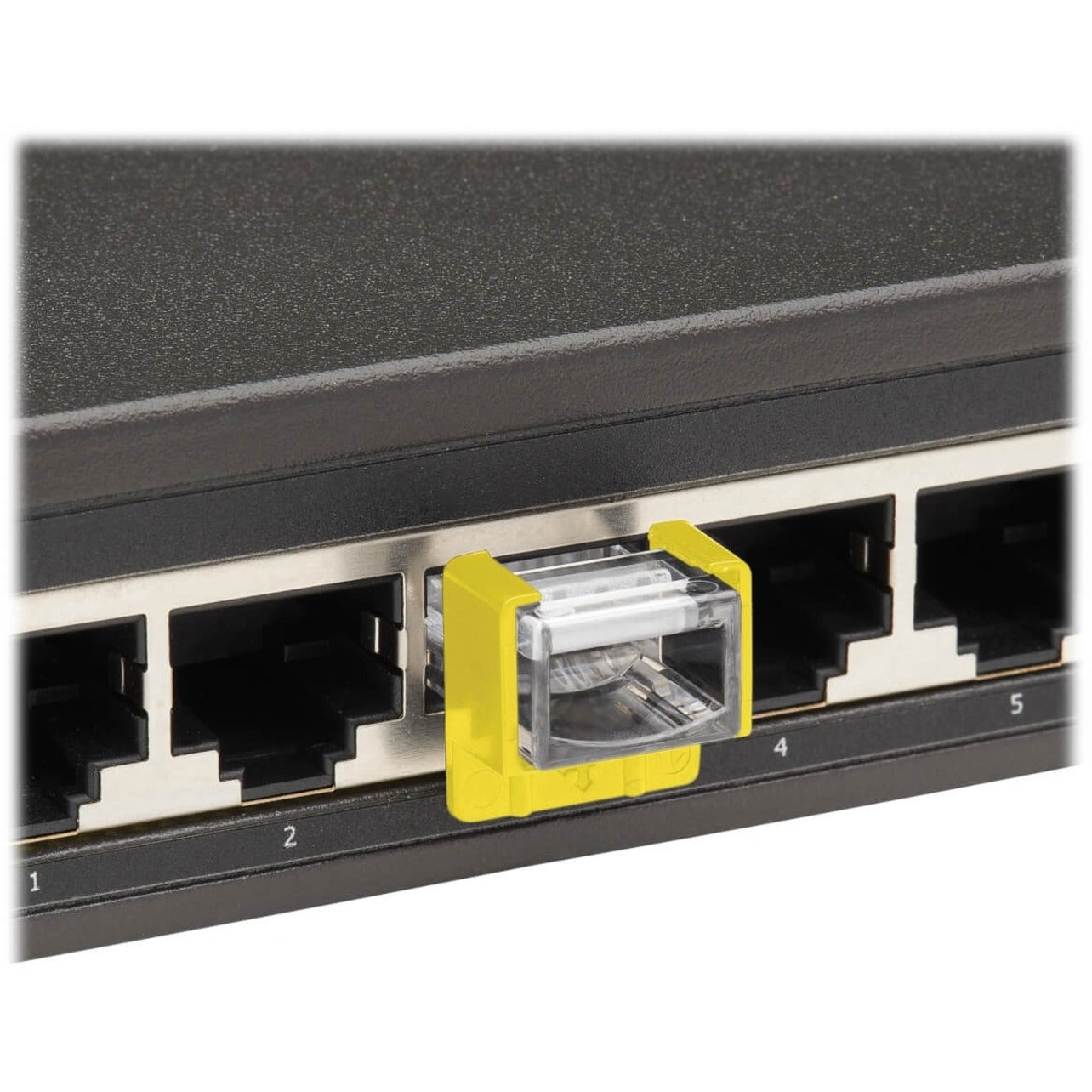 Yellow RJ45 port locking insert installed in active network switch-alternate-image3