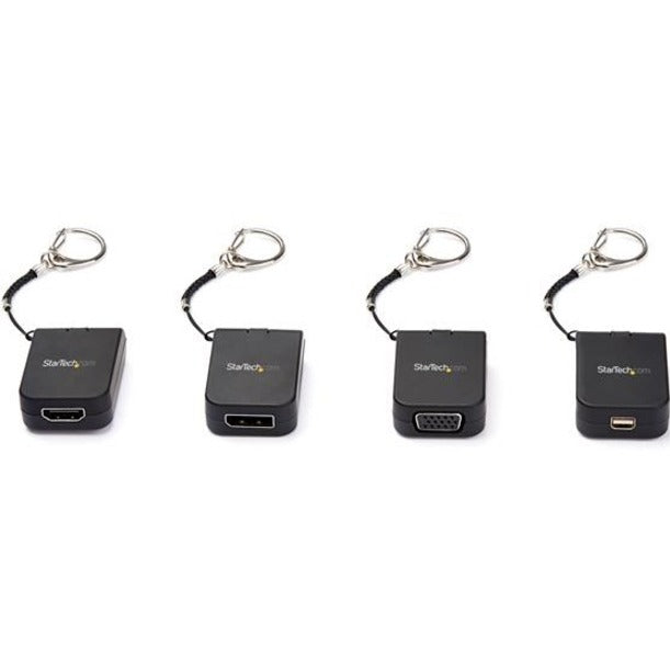 Four StarTech.com display adapters showing HDMI, DisplayPort, VGA, and USB-C options