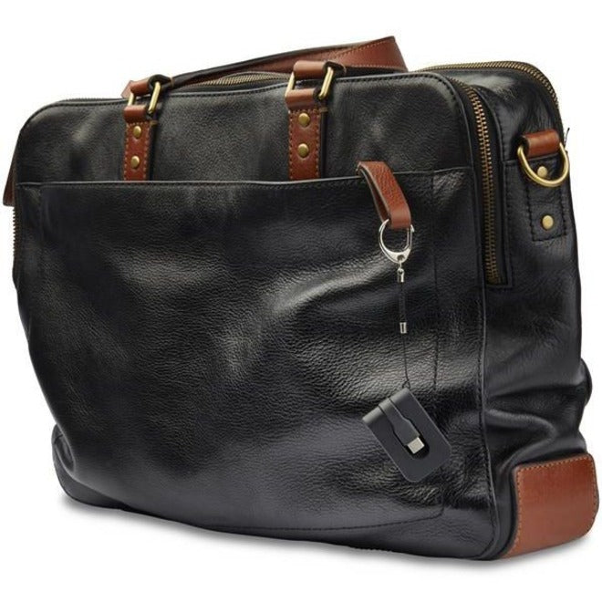 Leather laptop bag with StarTech.com adapter attached to exterior