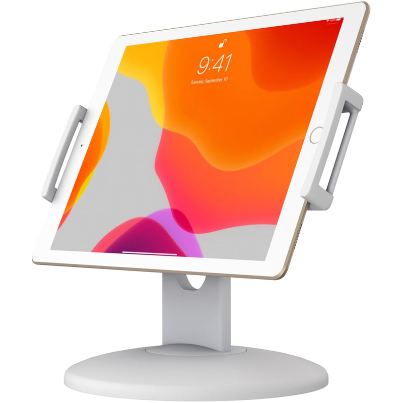 White CTA Digital desk mount holding an iPad in landscape orientation with colorful display screen