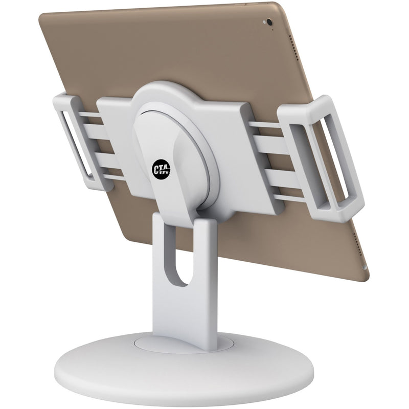 Rear view of white tablet mount showing secure grip mechanism and stable base