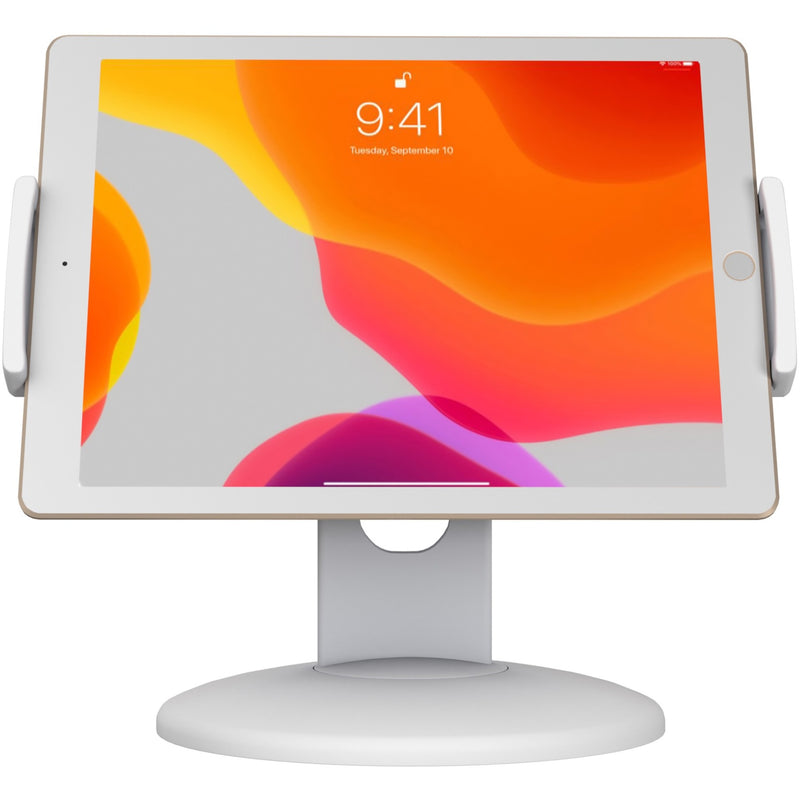 Front view of white tablet mount with iPad displaying colorful screen