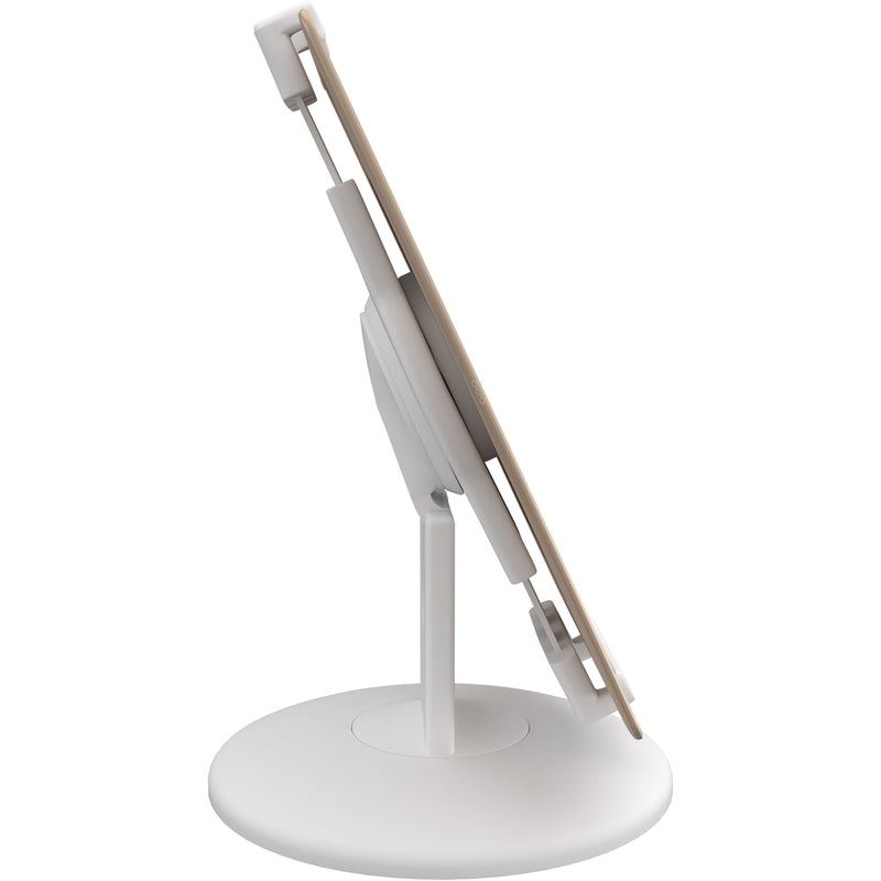 Side angle view of white tablet mount showing tilt mechanism and stable base