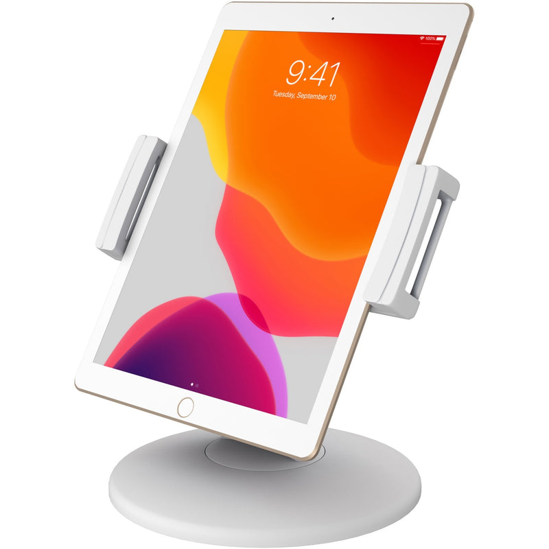 Angled view of white tablet mount showing rotation capability