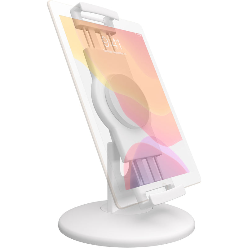 White tablet mount displaying iPad in portrait orientation with colorful screen